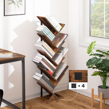 HOOBRO Tree Bookshelf Tall, 9-Tier Floor Standing Book Shelf, Tall Bookcase with Wooden Shelves for CDs Albums, Metal Frame, for Living Room, Kitchen, Home Office, Industrial, Rustic Brown EBF08SJ01