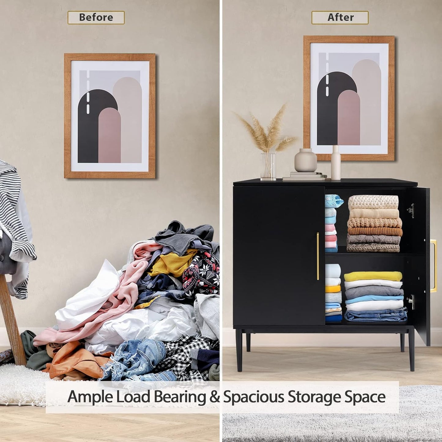Vrullu Modern, Free Standing Cabinet, Black Sideboard and Buffet Storage with Doors, Wood Accent Cabinet for Living Room, Hallway, Entryway, Dining Room, Bedroom (1, Black)