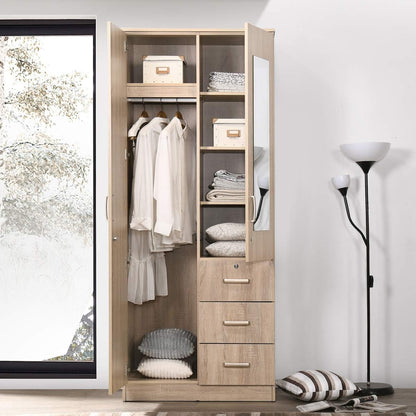 Home Box Wardrobe -Home Box Cooper 2-Doors and 3-Drawers with Mirror and Lock, Sonoma Oak
