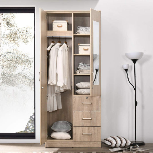 Home Box Wardrobe -Home Box Cooper 2-Doors and 3-Drawers with Mirror and Lock, Sonoma Oak