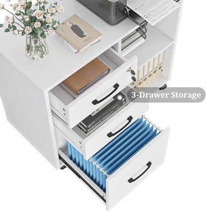 Panana 3 Drawer Office File Cabinets, Mobile Lateral Printer Stand with Open Storage Shelf, Rolling Filing Cabinet with Wheels Home Office Organization and Storage (White)