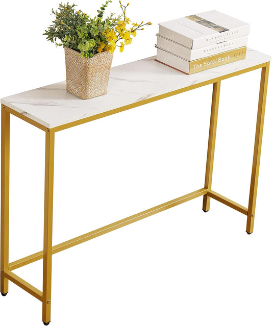 loglus Console Table for Entryway, Faux Marble MDF Sofa Table with Golden Frame (Double Layer,Single Layer, White Marble)