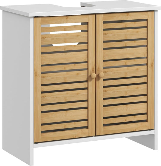 HOMCOM Modern Under Sink Cabinet with Magnetic Bamboo Doors and Adjustable Shelf 60 x 30 x 60 cm White and Natural
