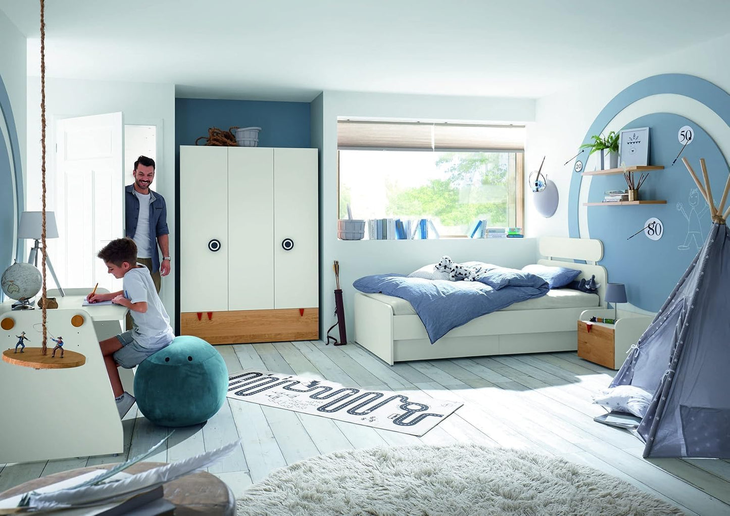 FurniFlex Minimo Baby Cot with Slatted Base + 3-Door Wardrobe with Drawer, Snow White/Natural Oak
