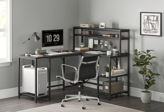 CubiCubi L Shaped Computer Desk with Hutch & Iron Mesh, 59 inch Large Home Office Desk with Storage Shelves, Study Table Writing Desk Workstation, Black