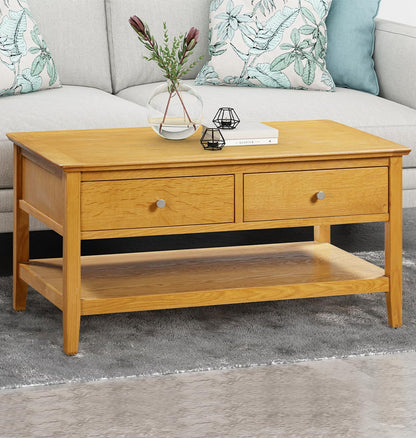 Hallowood Furniture Hereford Oak Large Coffee Table with Drawers & Shelf - Solid Wooden Side Table in Rectangular Shape for Living Room – Coffee Table with Storage in Light Oak Finish