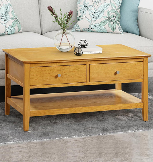 Hallowood Furniture Hereford Oak Large Coffee Table with Drawers & Shelf - Solid Wooden Side Table in Rectangular Shape for Living Room – Coffee Table with Storage in Light Oak Finish