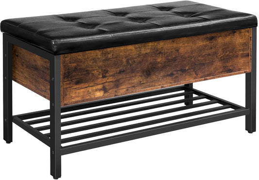 HOOBRO Storage Bench, Storage Ottoman, Shoe Bench with Padded Seat and Metal Shelf, Flip Top Toy Box Storage Chest, Bed End Stool for Bedroom, Hallway,Living Room, Rustic Brown and Black BF98CW01