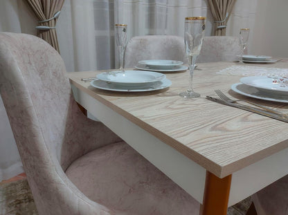 Dining Table with 6 Beech Chairs, 180cm*90cm Table with 6 Professional Workmanship Chairs with 25 Years Experience,Modern Dining Room Table (Slice Stitching Upholstery)