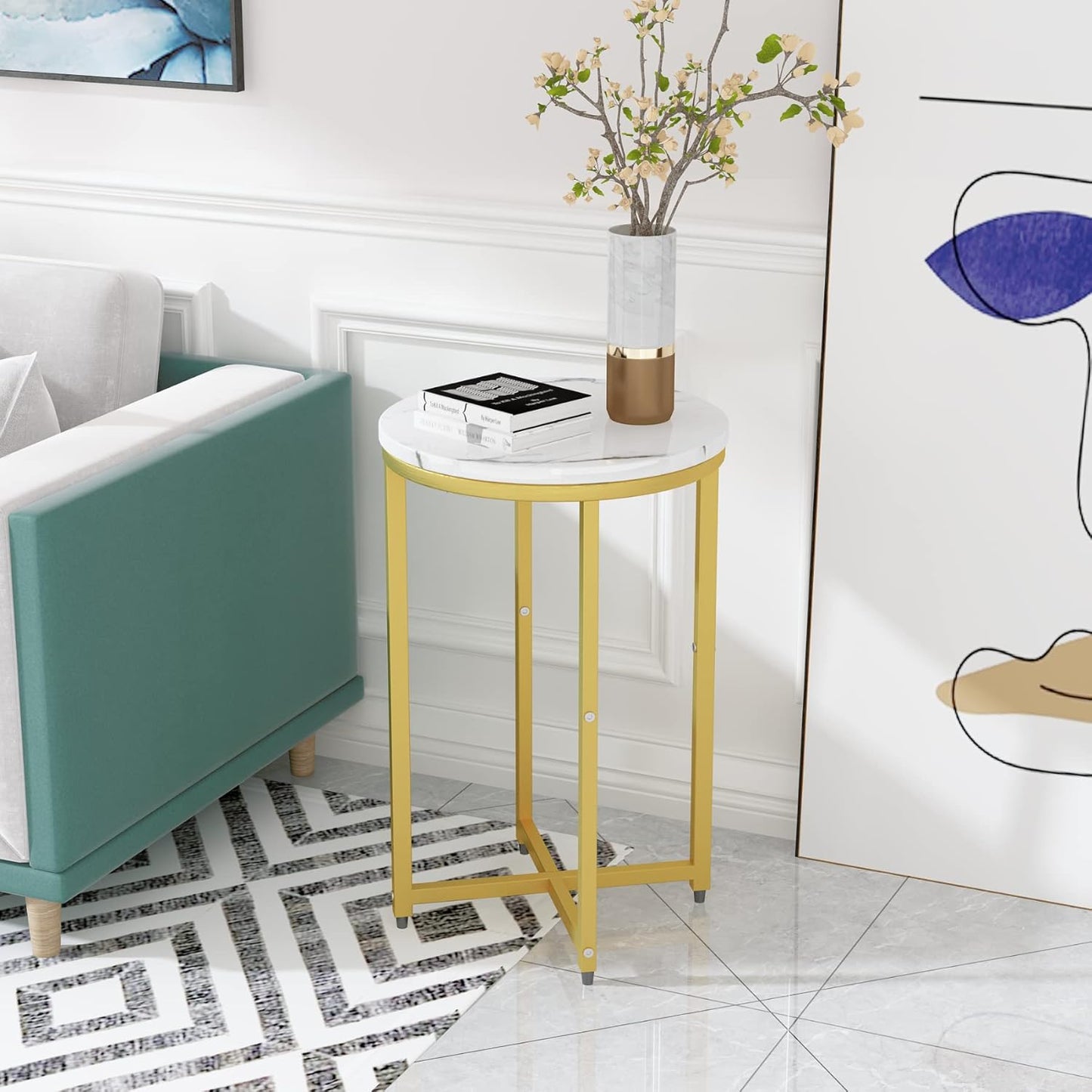 AWQM Round Side Table Set of 2, Modern Nightstand Faux Marble Accent Coffee Table for Living Room, Bedroom, Home & Office (White & Gold)