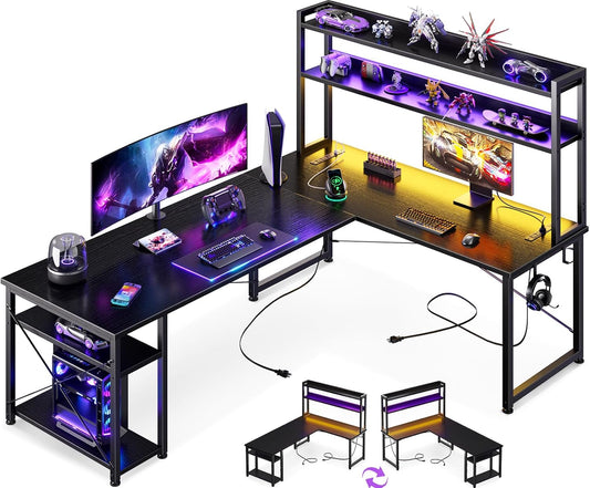 ODK Corner Desk, White with Stall, 150 x 120 cm, Reversible Gaming Table, L Shape with LED, Computer Desk with USB Charging Port and Socket, Gaming Desk for Home Office