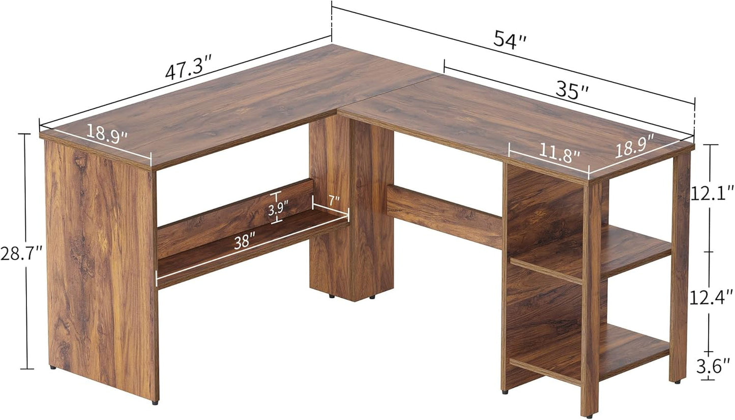 CubiCubi L Shaped Desk, Corner Computer Desk with Storage Shelves, Home Office Workstation for Study or Working, Deep Brown