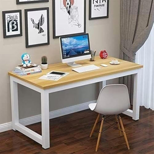 Metal Desk Wood Deck - White * Beige - 120cm