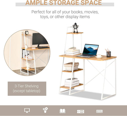 HOMCOM Home Office Computer Desk with 3-Tier Storage Shelves Study Writing Table Workstation for Small Space Natural