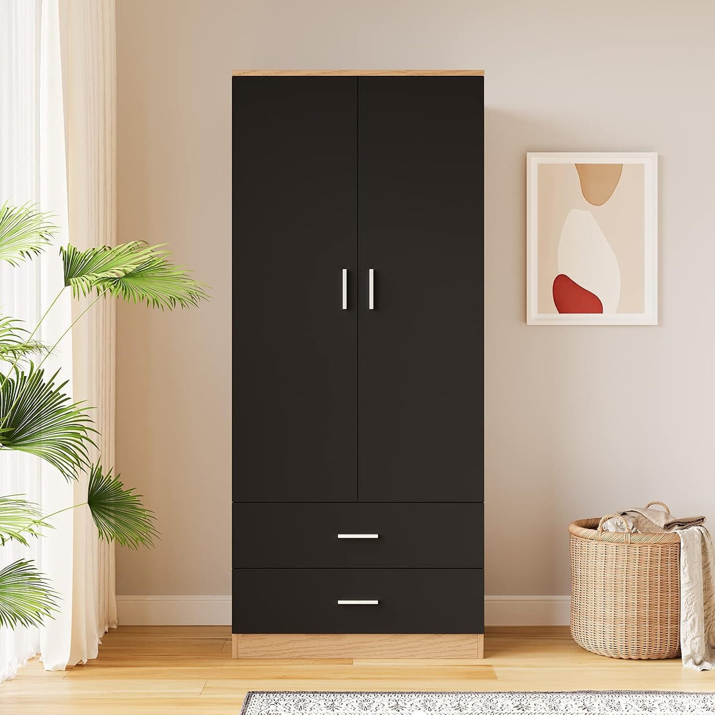 Panana 2 Door 2 Drawer Wardrobe with Hanging Rail Wooden Clothes Storage Cupboards Unit for Bedroom Furniture 76.8 * 50 * 180cm (Black with Oak)