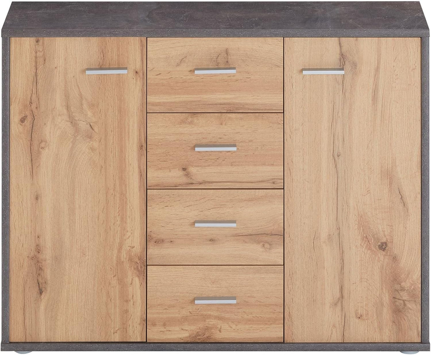 CARO-Möbel Jamie Sideboard with 2 Doors and 4 Drawers, Modern Chest of Drawers Office Furniture in Concrete Dark / Wotan Oak