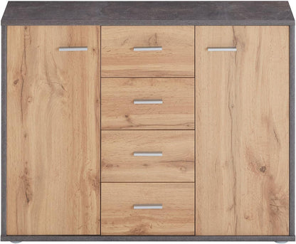 CARO-Möbel Jamie Sideboard with 2 Doors and 4 Drawers, Modern Chest of Drawers Office Furniture in Concrete Dark / Wotan Oak