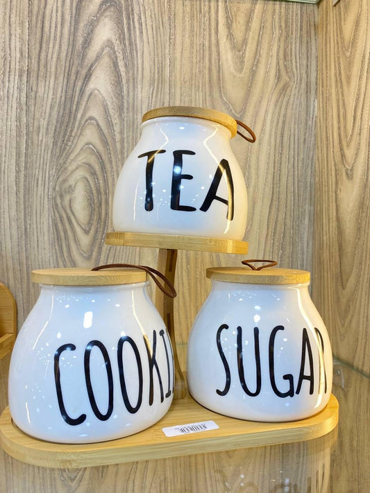 Coffee Corner Oval 3 * 1 Set of 3 Porcelain Jar + Wood Lid & Bamboo Wood Teray Jar 800ml (DL)