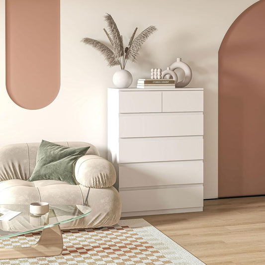 FurniFlex 6 Drawers Modern Wooden Dresser for Entryway, 80 cm x 39 cm x 115 cm Size, White