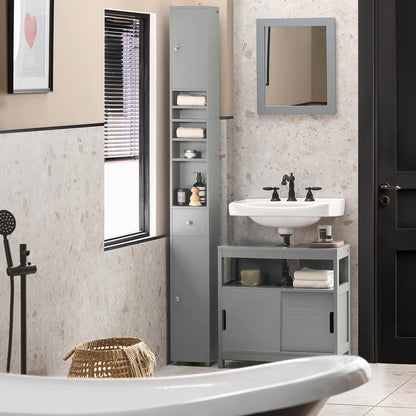 SoBuy BZR34-HG Bathroom Tall Cabinet with 5 Compartments with 1 Drawer and Doors Light Grey W x H x D x H x D x H x D x D: Approx. 20 x 180 x 20 cm