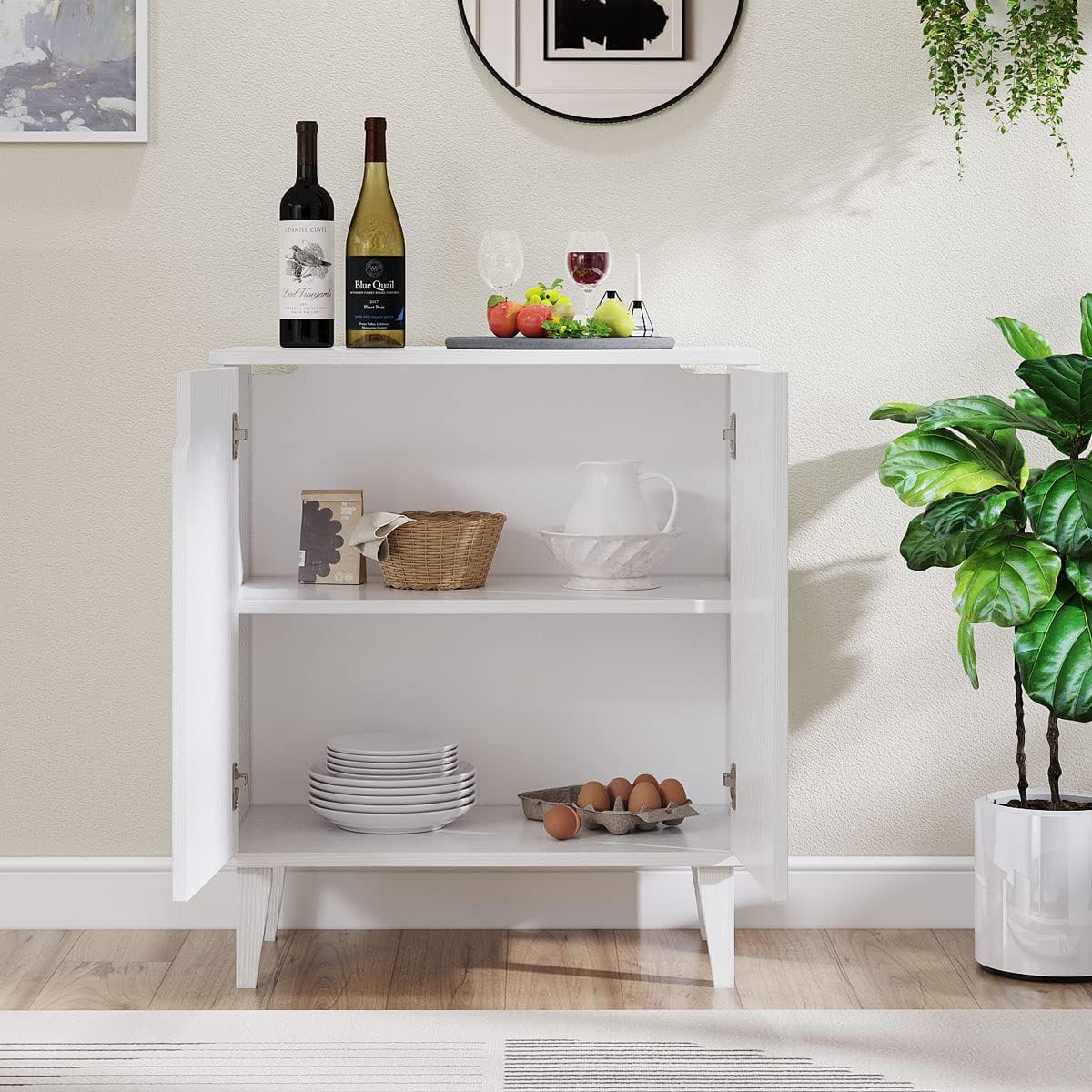 Panana White Coffee Bar Cabinet, Farmhouse Kitchen Sideboard Buffet Storage Cabinet White Accent Sideboard Buffet Cabinet for Kitchen, Dining Room, Living Room, Hallway