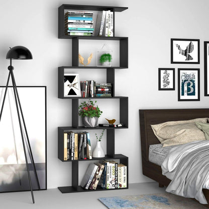 Panana Wooden Bookcase 6 Tier Shelves Bookshelf S Shape Storage Display Shelf Room Divider Unit Chest Cupboard Cabinet Free Standing Shelving Storage Organizer Unit for Living Room, Black