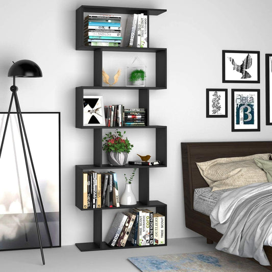 Panana Wooden Bookcase 6 Tier Shelves Bookshelf S Shape Storage Display Shelf Room Divider Unit Chest Cupboard Cabinet Free Standing Shelving Storage Organizer Unit for Living Room, Black