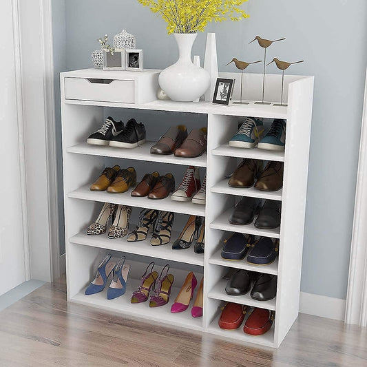 Vicosim Wooden Shoe Shelf, Storage Closet/Drawer Cabinet and Layers Unit, Bookshelf/Shoe Shelving Organizer, White Furniture for Home, Hallway, Bedroom, Corner, White
