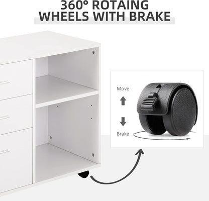 HOMCOM Freestanding Printer Stand Unit Office Desk Side Mobile Storage w/Wheels 3 Drawers, 2 Open Shelves Modern Style 80L x 40W x 65H cm - White