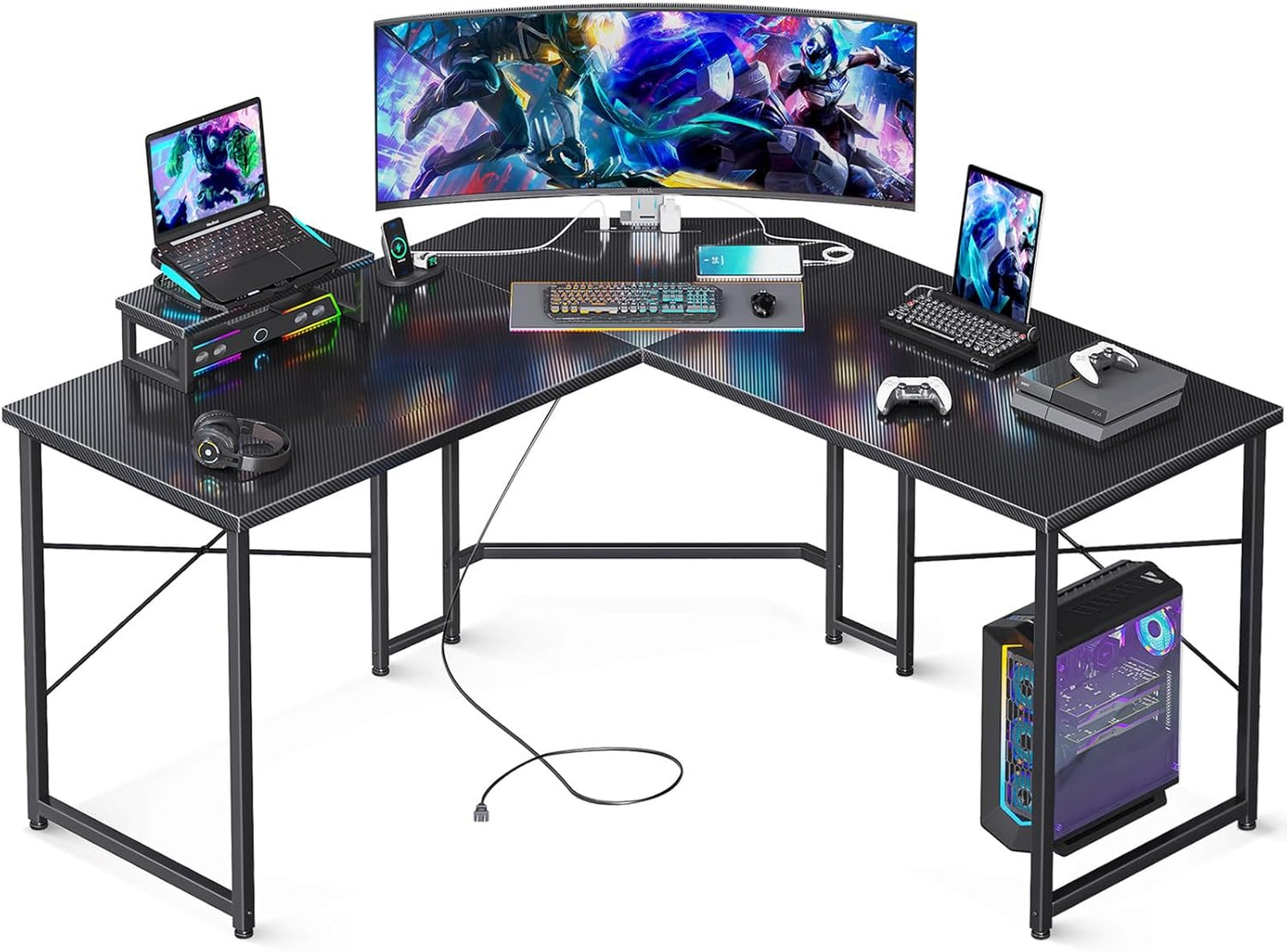 ODK L Shaped Gaming Desk, 51 Inch Computer Desk with Monitor Stand, PC Gaming Desk, Corner Desk Table for Home Office Sturdy Writing Workstation, Carbon Fiber Surface, Black