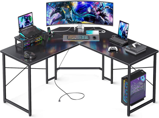ODK L Shaped Gaming Desk, 51 Inch Computer Desk with Monitor Stand, PC Gaming Desk, Corner Desk Table for Home Office Sturdy Writing Workstation, Carbon Fiber Surface, Black