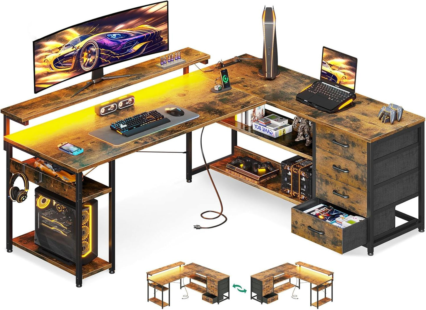 AODK 61" L Shaped Desk with Drawer, Computer Desk with Power Outlets & LED Lights, Reversible Corner Gaming Desks for Home Office Workstation, Office Table with Monitor Shelf, Vintage