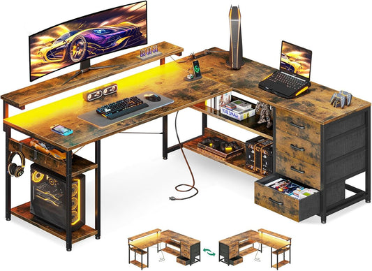 AODK 61" L Shaped Desk with Drawer, Computer Desk with Power Outlets & LED Lights, Reversible Corner Gaming Desks for Home Office Workstation, Office Table with Monitor Shelf, Vintage