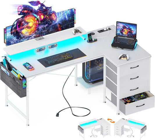 ODK Corner Desk with 4 Fabric Drawers, Reversible Desk L Shape with 2 Sockets and 2 USB Charging Ports, Gaming Table L Shape with LED & Monitor Stand for Home Office (Brown, 140 x 80 x 85.9 cm)
