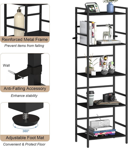 52.76in(H) Tall Bookshelf 5 Tier Bookcase Shelf Storage Organizer Industrial Freestanding Book Shelves Units Large Storage Tired Shelf for Small Space, Living Room, Kitchen, Bedroom, Modern Black