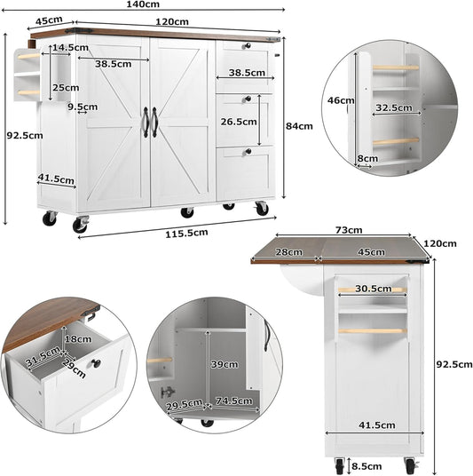 KUAKE Kitchen Island, Serving Trolley with Extendable Worktop, Kitchen Cabinet, Kitchen Trolley, Dining Trolley with Wood Grain, Dining Trolley with Two Doors and Three Drawers (White-2)