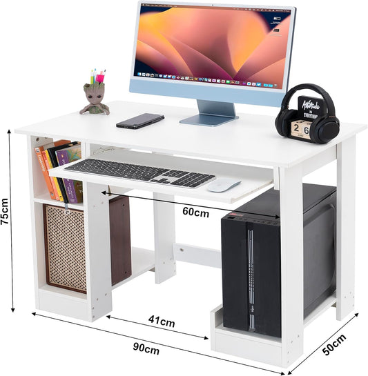 Blisswood Home Office Desk, White Computer Desk With Shelves & Sliding Keyboard Tray PC Laptop Table For Writing Workstation Bedroom Study Furniture (90 x 50 x 75CM)