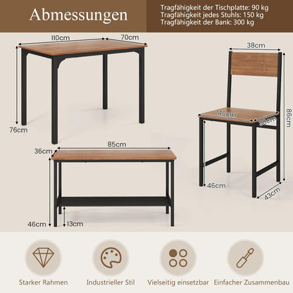 RELAX4LIFE Dining Table Set 4-Piece Dining Room Table with 2 Chairs & Bench, Seating Set with Storage Shelf, Bar Table with Metal Frame, Industrial Design, Dining Room Set for Kitchen, Dining Room