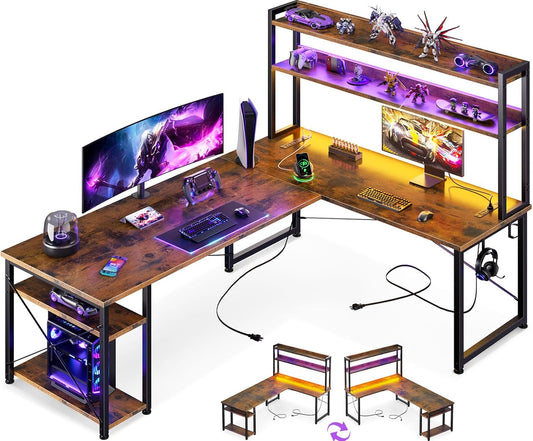 ODK Corner Desk, White with Stall, 150 x 120 cm, Reversible Gaming Table, L Shape with LED, Computer Desk with USB Charging Port and Socket, Gaming Desk for Home Office