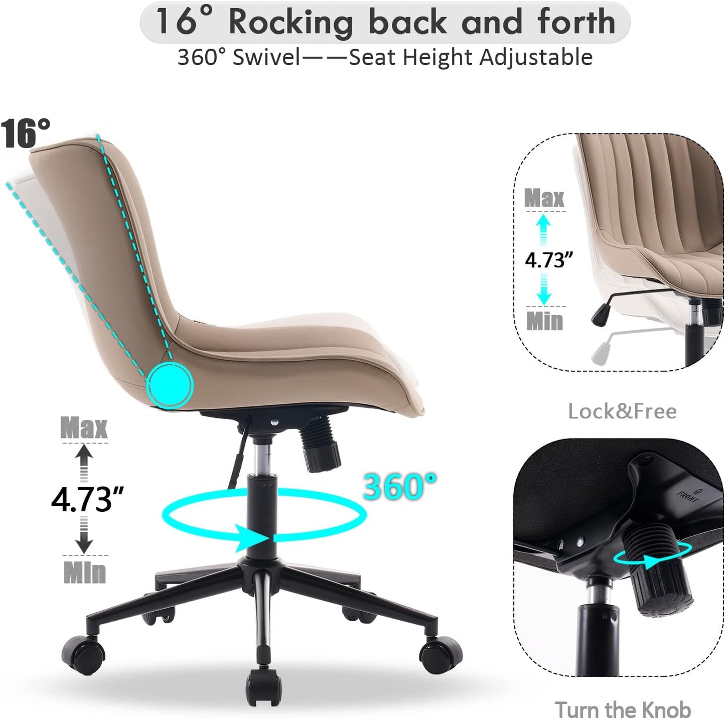 YOUNIKE Modern Office Chair Desk Chair for Home Office, Leather Padded Seat Adjustable Height Computer Chair for Compact Space, Small Swivel Task Chair with Rocking Mid Back, Khaki