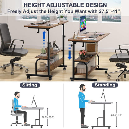 armocity Height Adjustable Standing Desk with Power Outlets, 32" Manual Stand Up Desk with Storage Shelves Small Mobile Rolling Computer Desk Portable Laptop Table with Wheels for Home Office, Rustic