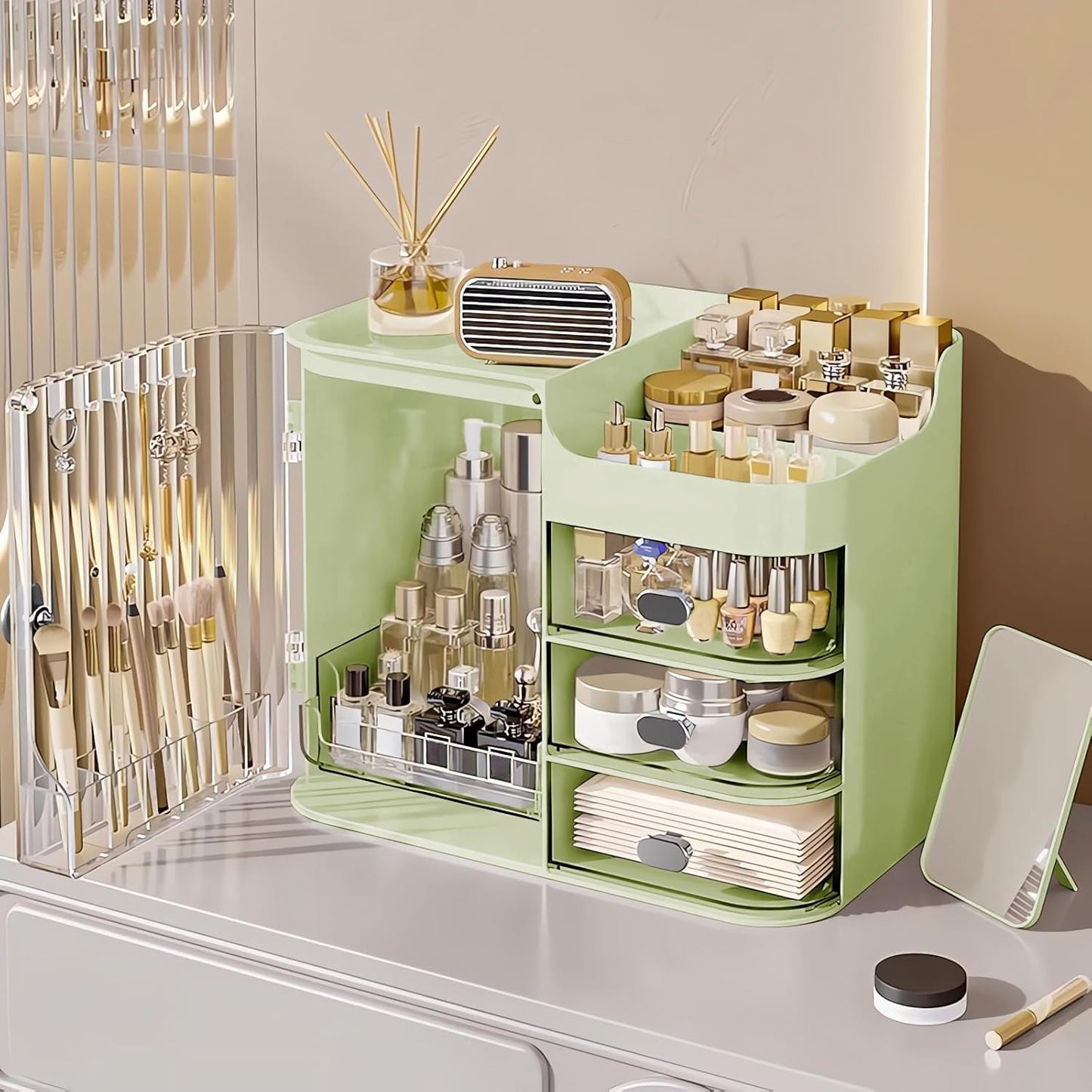 DASITON Makeup Organizer with Mirror,3 Drawers Storage Organizer,Makeup Brush Holder,Large Capacity Makeup Storage Box Skincare Organizers,Make up Organizers for Vanity,Bedroom,Countertop(Green)
