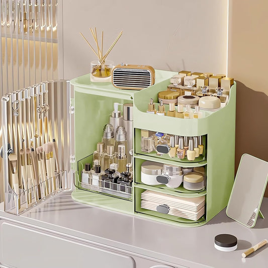 DASITON Makeup Organizer with Mirror,3 Drawers Storage Organizer,Makeup Brush Holder,Large Capacity Makeup Storage Box Skincare Organizers,Make up Organizers for Vanity,Bedroom,Countertop(Green)