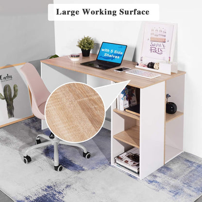 Writing Computer Desk with Storage, Large Study Desk with 5 Shelves Home Office Table Wood Computer Workstation with Integrated Bookcaseï¼ŒBeech & White,Multicolor