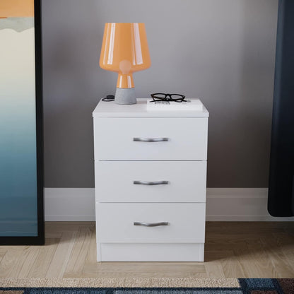 Vida Designs Large White Bedside Cabinet Chest of Drawers, 3 Drawer With Metal Handles and Runners, Unique Anti-Bowing Drawer Support, Riano Bedroom Furniture