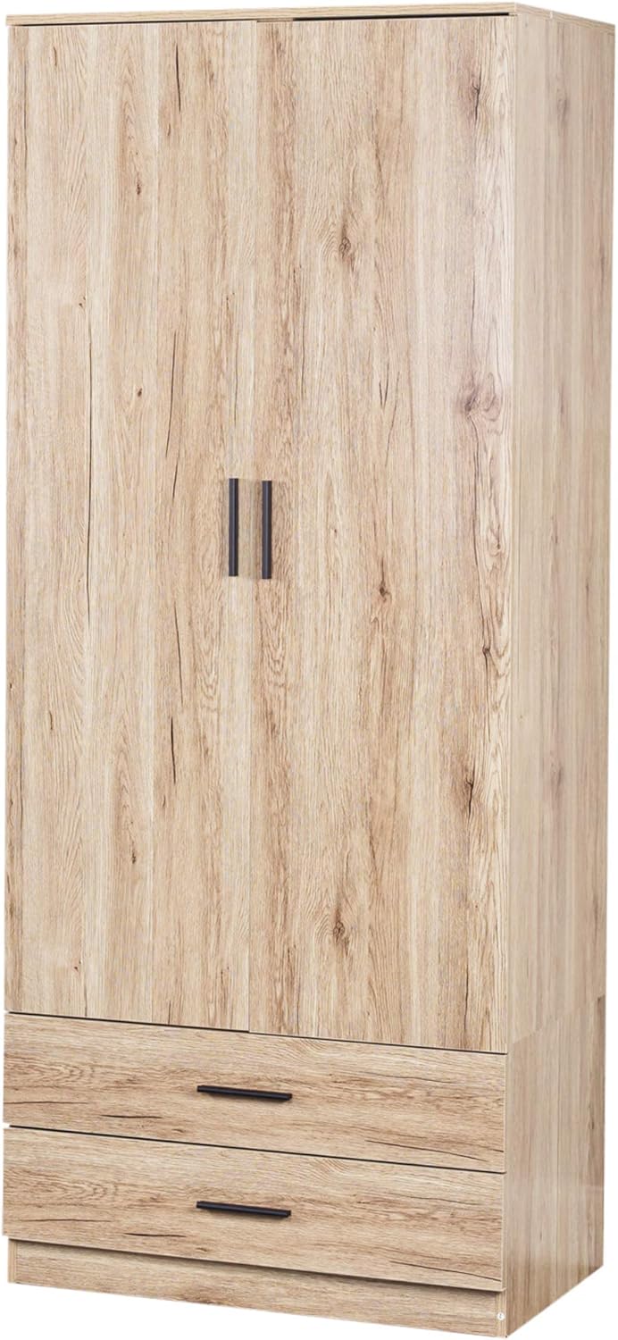 URBNLIVING Tall Wooden 2 Door Oak Wardrobe With 2 Drawers Bedroom Storage Hanging Bar Clothes (Oak Carcass + Oak Drawers)