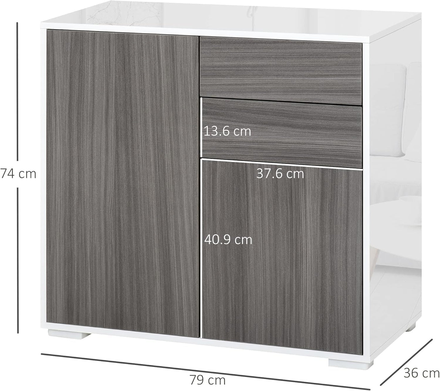 FurniFlex 2-Drawers High Gloss Sideboard Cabinet with Push-Open Design, Light Grey/White