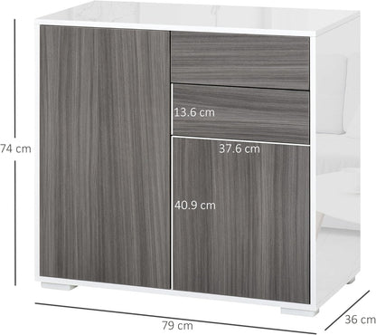 FurniFlex 2-Drawers High Gloss Sideboard Cabinet with Push-Open Design, Light Grey/White