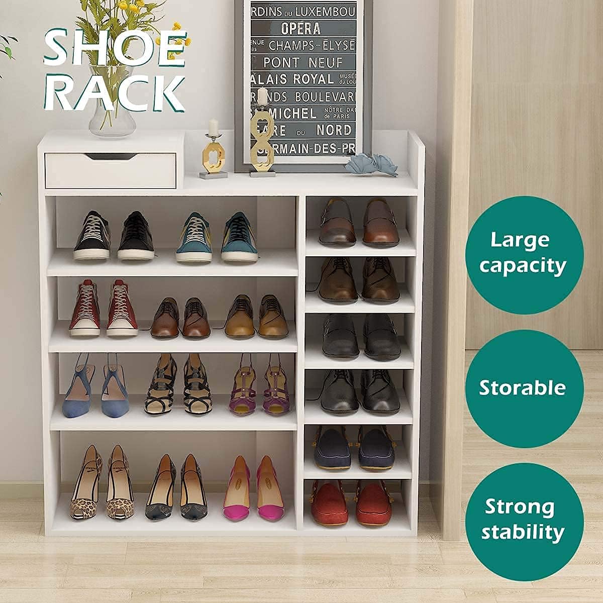 Vicosim Wooden Shoe Shelf, Storage Closet/Drawer Cabinet and Layers Unit, Bookshelf/Shoe Shelving Organizer, White Furniture for Home, Hallway, Bedroom, Corner, White