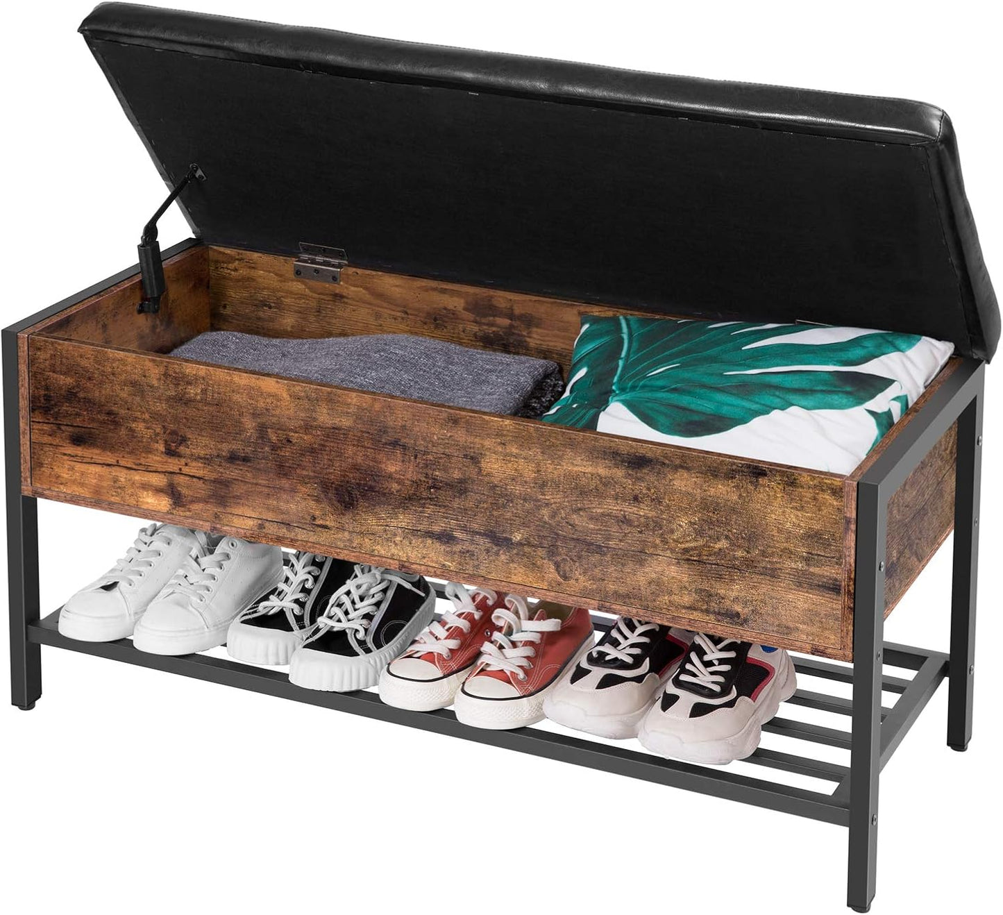 HOOBRO Storage Bench, Storage Ottoman, Shoe Bench with Padded Seat and Metal Shelf, Flip Top Toy Box Storage Chest, Bed End Stool for Bedroom, Hallway,Living Room, Rustic Brown and Black BF98CW01